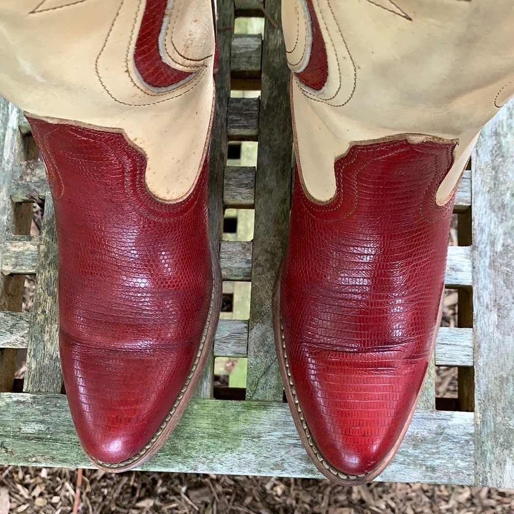 FRYE Vintage Red Lizard Leather Heeled Western Cowboy Boots—Made in USA, Size 7 - Picture 8 of 12